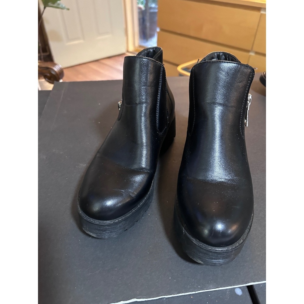 Dune Black Faux Leather Lug Sole Chelsea Ankle Boot Women Size 7 Chunky Heel Zip